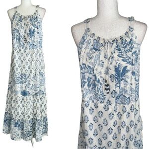 NWT Calypso St. Barth Blue & White Floral Tie Neck Beaded Tiered Maxi Dress - S